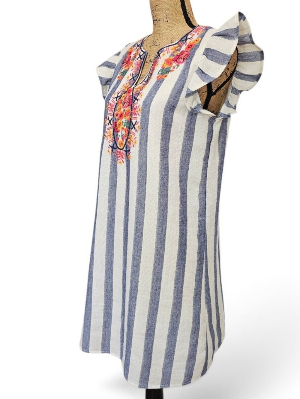 THML Boho Embroidered Floral Blue & White Striped Flutter-Sleeve Shift Dress, M - Picture 4 of 7